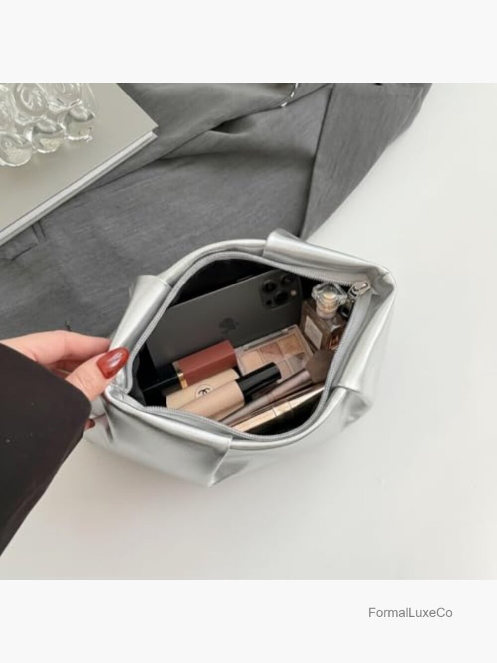 Slouchy PU Leather Clutch Purse Women Ruched Evening Handbag Zipper Closure - Picture 4 of 7